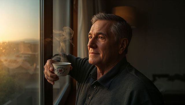 Senior man holding steaming floral cup by window at golden hour, contemplative portrait