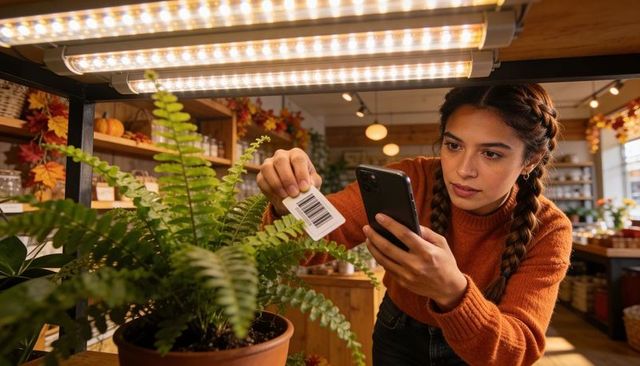 Scanning woman capturing barcode with smartphone at cozy plant shop under grow lights