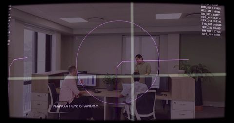 Open-plan team collaborating at desk cluster with HUD overlay navigation readout