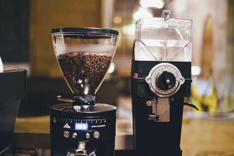 Upscale coffee shop featuring modern coffee grinders