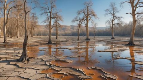 Arid floodplain with trees and reflective water pools in drought-affected landscape