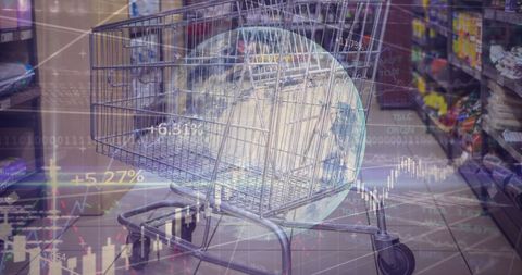 Shopping Cart with Digital Financial Overlay in Grocery Store