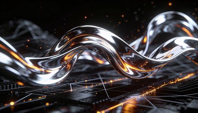 Polished chrome wave hovering over futuristic circuit grid with glowing orange nodes