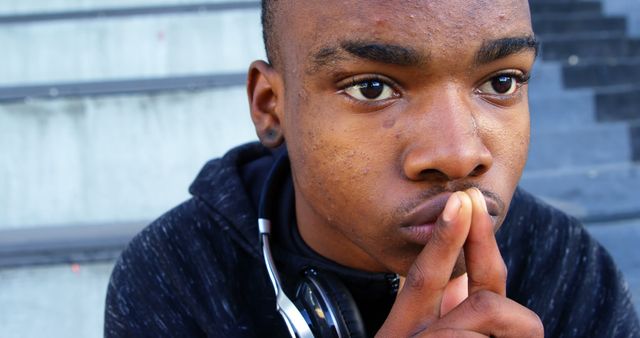 Pondering Young Man Sitting on Outdoor Steps - Download Free Stock Images Pikwizard.com