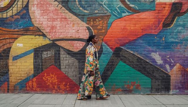 Woman Walking Past Colorful Geometric Mural Wearing Matching Floral Coat and Wide-Leg Pants