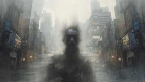 Hovering Humanoid Emerging Through Foggy Neon Downtown Street Dystopian Silhouette