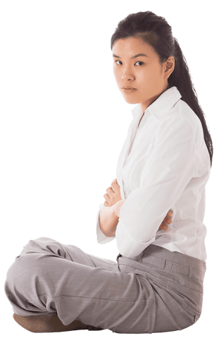 Transparent Businesswoman Sitting Cross-Legged in Relaxed Pose