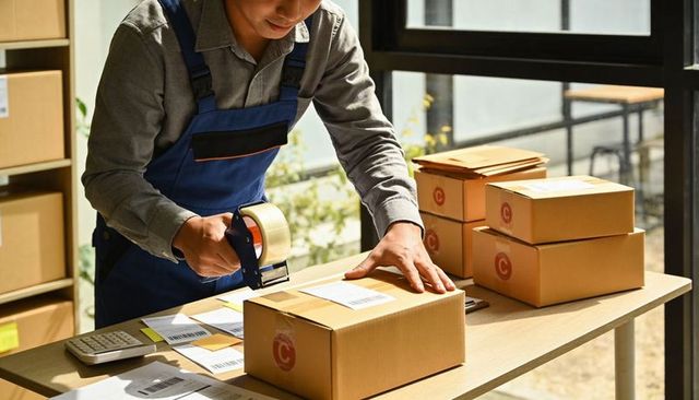 E-commerce Fulfillment Worker Sealing and Labeling Parcels at Packing Table