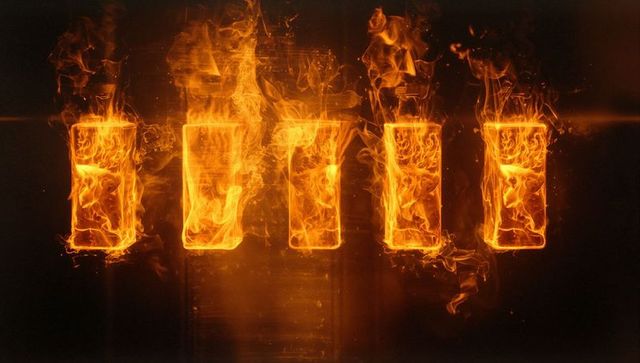 Five rectangular flames in dark studio with fiery outline