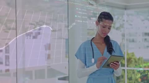 Healthcare Professional Using Tablet with Holographic Charts