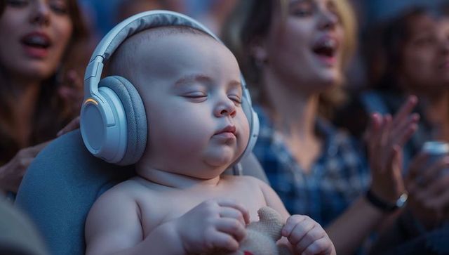 Sleeping baby wearing headphones at live concert holding plush toy, calm amid crowd