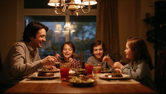 Family Enjoying Cozy Dinner Around Home Dining Table