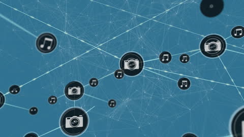 Digital Networking Art with Multimedia Icons on Blue Background