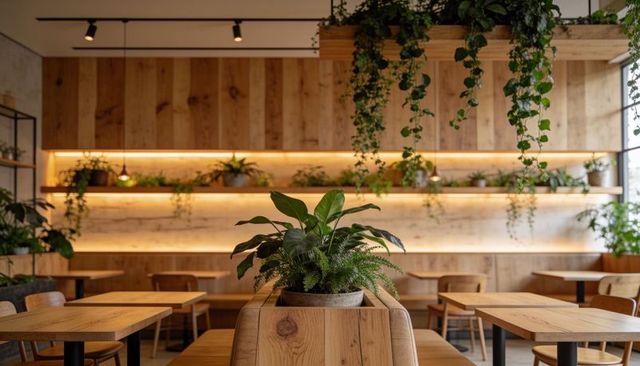 Modern rustic cafe with wooden planter bench, hanging greenery and warm lighting