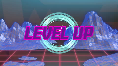 Retro Game Style Level Up Animation with Neon Text