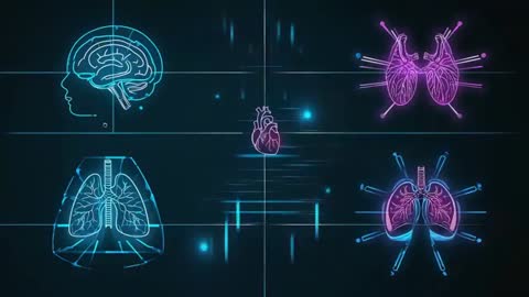 Neon Organ Icons with Data Pulse on Tech Grid Backdrop