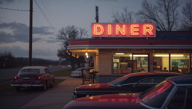 Retro diner with neon sign at twilight with vintage cars