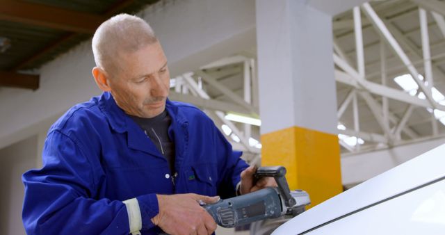 Experienced Mechanic Polishing Car with Automated Tool in Garage - Download Free Stock Images Pikwizard.com