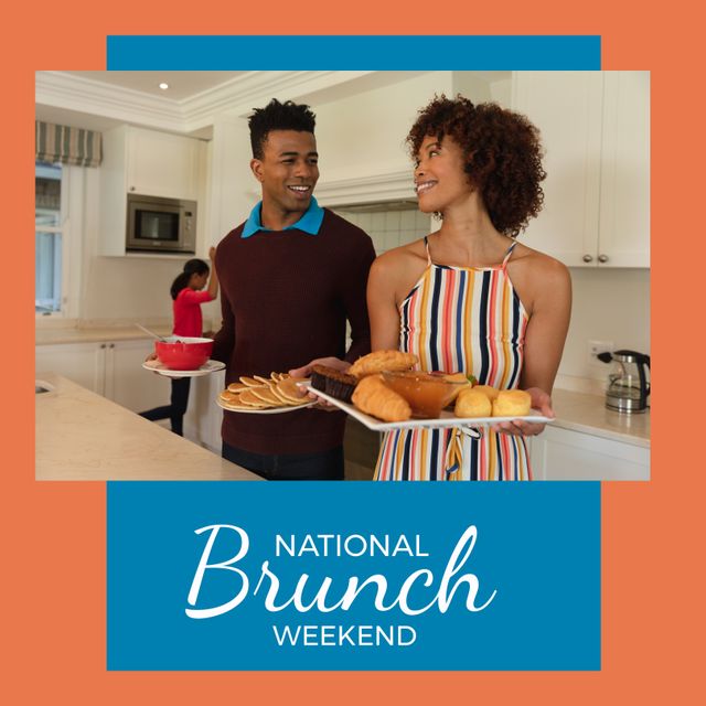 Composition of national brunch weekend text over african american couple preparing breakfast. National brunch weekend and celebration concept digitally generated image.