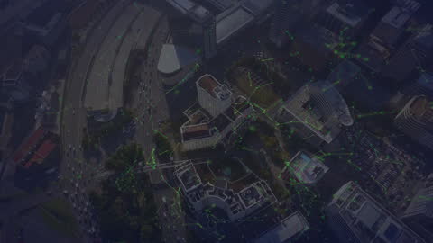 Animated Network Connections Over Cityscape