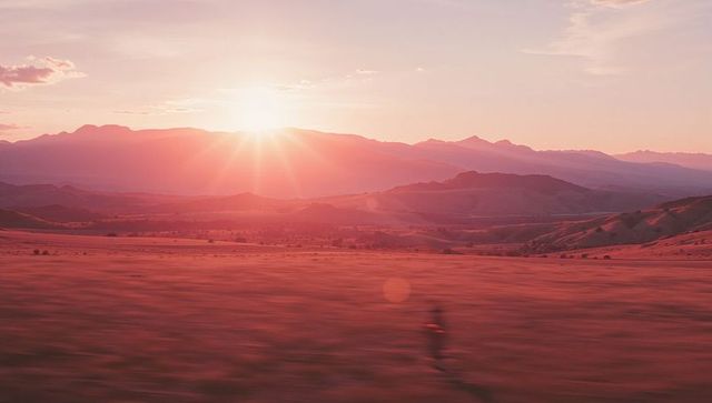 Sunlit Tranquil Grassland with Jogger in Dynamic Sunrise Scene