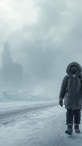 Walking Frozen Cityscape Testing Boot Traction Wearing Parka for Winter Survival Video