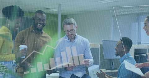 Business team collaborates on digital financial data