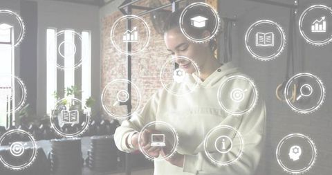 Woman checking smartwatch with augmented reality fitness dashboard in urban gym studio