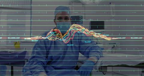 Surgeon in OR with Data Overlay Illustrating Medical Technology Advancements