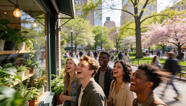 Laughing friends in denim jackets admiring planters in storefront window on spring sidewalk