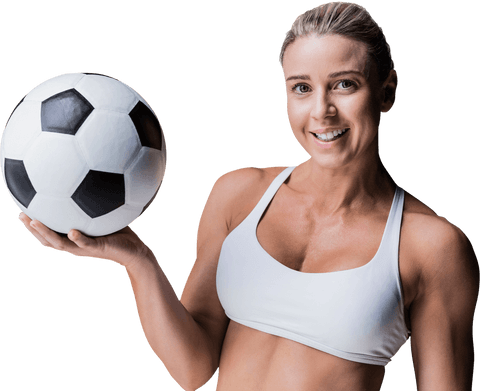 Confident Female Athlete Holding Soccer Ball on Transparent Background