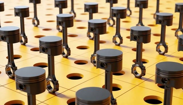 Rowed metallic pistons standing in perforated yellow assembly grid showing connecting rods