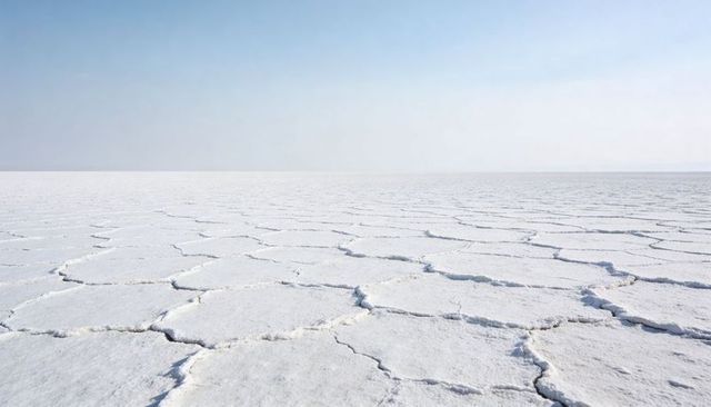 Endless salt flats revealing polygonal crust patterns under pale sky horizon
