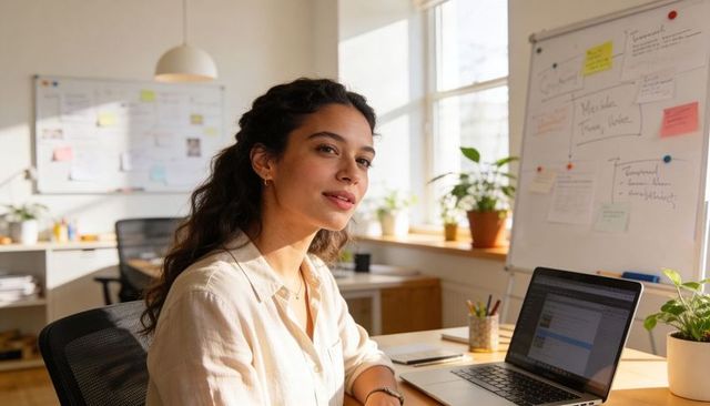 Sunlit hispanic woman working on laptop in creative office with whiteboard and plants