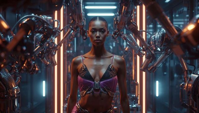 Woman in Futuristic Neon Lit Tech Hall