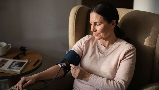 Woman measuring blood pressure at home relaxing in chair