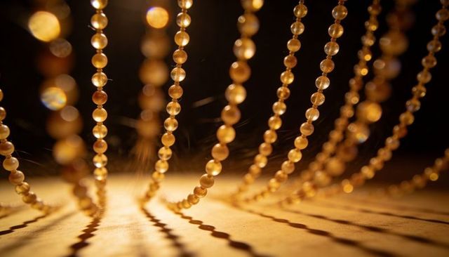 Macro strands of golden beads glinting in warm light with bokeh and dramatic shadow patterns