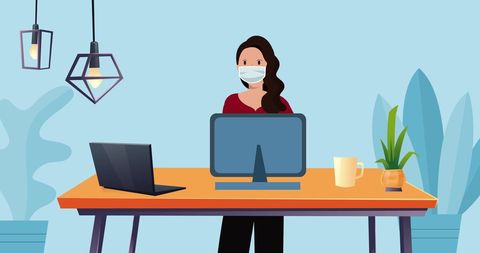 Woman in Face Mask Working at Desk During COVID-19 Pandemic - Download Free Stock Images Pikwizard.com
