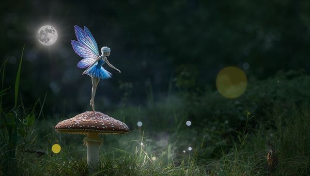 Fairy Dancing on Mushroom Under Full Moon in Mystical Forest