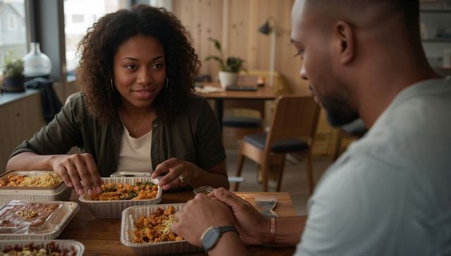 Couple sharing cozy takeout dinner at home, woman reaching for meal on wooden table