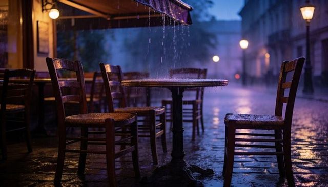 Rain-soaked bistro terrace at twilight dripping awning wet round table wooden chairs