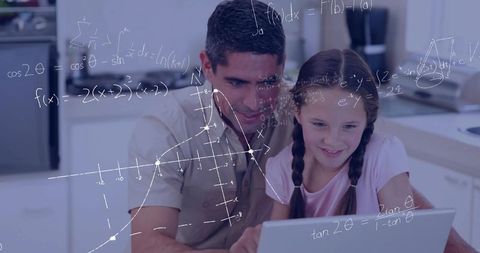 Father helping daughter studying math on laptop with algebra graph overlay at home
