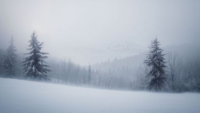 Misty winter landscape with snow-covered fir trees on slope and distant mountain ridges