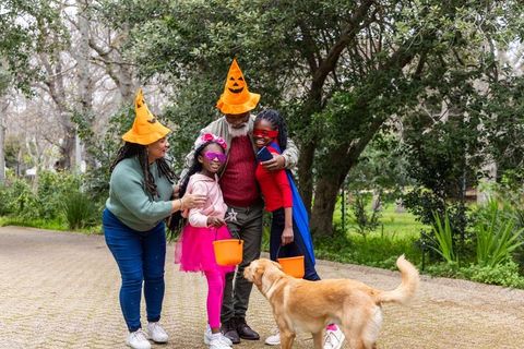 Multigenerational family celebrating halloween wearing pumpkin hats holding candy buckets