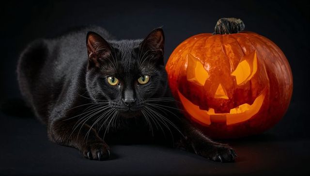 Enigmatic black cat and glowing jack-o'-lantern for halloween