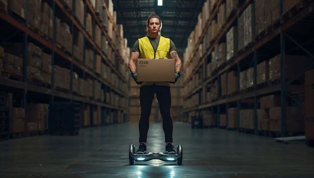 Worker Balancing on Hoverboard Holding Industrial Package