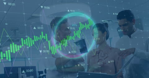Business Colleagues Analyzing Financial Graphs with Futuristic Interface