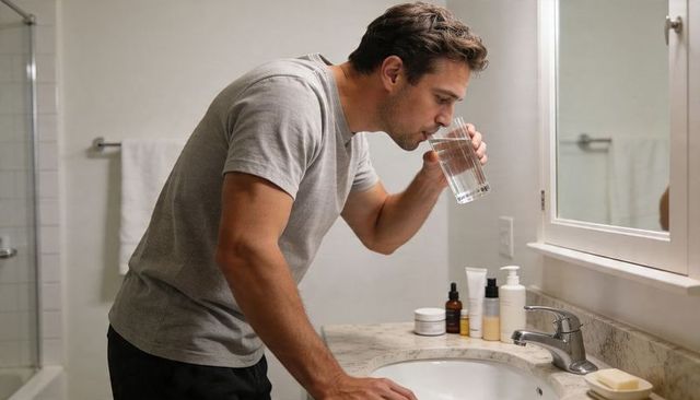 Man drinking water at marble vanity during morning skincare and grooming routine