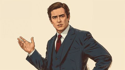 Confident businessman prosecutor gesturing in dark blue suit