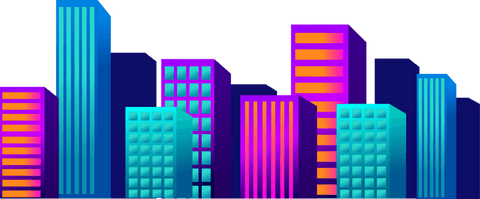 Vibrant neon skyscrapers on transparent background